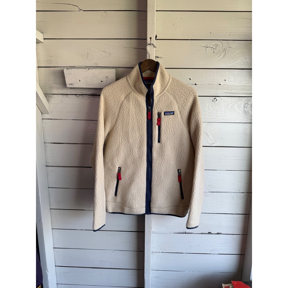Patagonia Retro Pile Fleece Jacket Mens Medium Cream Navy Full Zip 22801